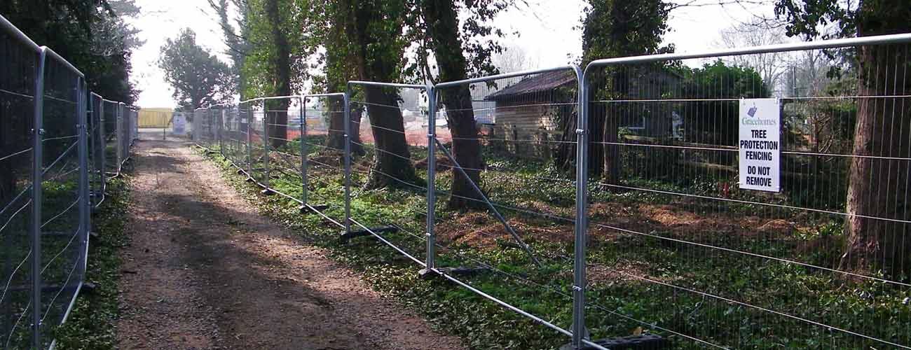 Tree protection fencing on a development site